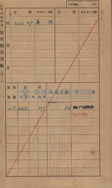 高雄州鳳山郡大樹庄九曲堂家屋稅名寄帳
（二冊之內第一號）藏品圖，第63張