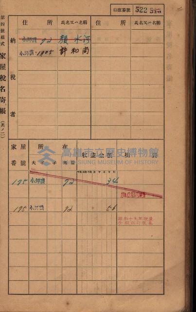 高雄州鳳山郡大樹庄小坪頂家屋稅名寄帳
（三冊之內第三號）藏品圖，第123張