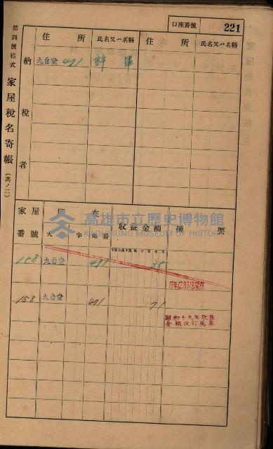 高雄州鳳山郡大樹庄九曲堂家屋稅名寄帳
（二冊之內第二號）藏品圖，第23張