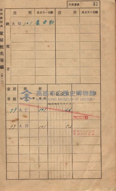 高雄州鳳山郡大樹庄大樹家屋稅名寄帳
（一冊之內第一號）藏品圖，第23張