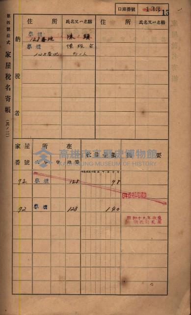 高雄州鳳山郡鳥松庄夢裡、崎子脚、十九灣家屋稅名寄帳
（一冊之內第一號）藏品圖，第23張