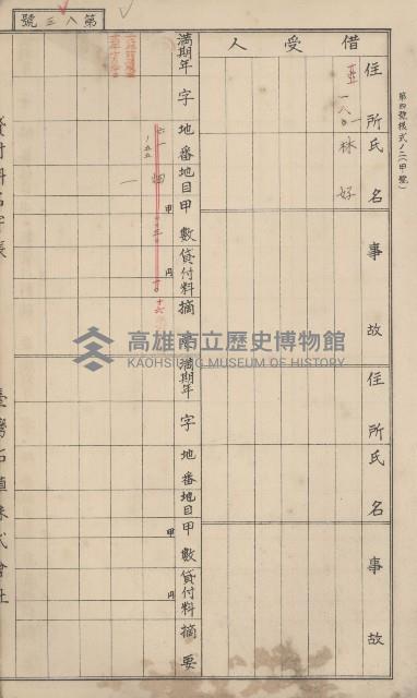 冊之內第○號
高雄州旗山郡旗山街貸付料名寄帳
臺灣拓殖株式會社藏品圖，第203張