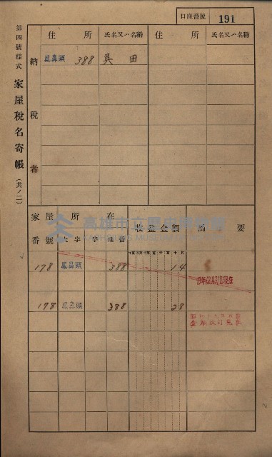 高雄州鳳山郡小港庄鳳鼻頭家屋稅名寄帳
（一冊之內第一號）藏品圖，第203張