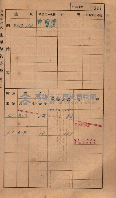 高雄州鳳山郡大樹庄無水寮家屋稅名寄帳
（二冊之內第二號）藏品圖，第103張