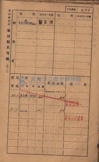 高雄州鳳山郡林園庄王公廟家屋稅名寄帳
（三冊之內第三號）藏品圖，第103張