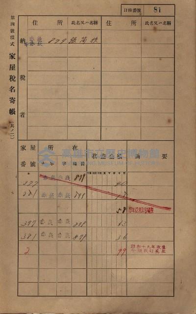 高雄州鳳山郡大寮庄赤崁家屋稅名寄帳
（三冊之內第一號）藏品圖，第103張
