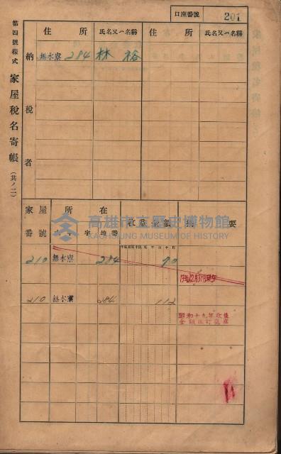 高雄州鳳山郡大樹庄無水寮家屋稅名寄帳
（二冊之內第二號）藏品圖，第3張