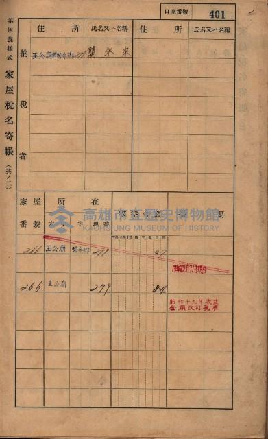 高雄州鳳山郡林園庄王公廟家屋稅名寄帳
（三冊之內第三號）藏品圖，第3張