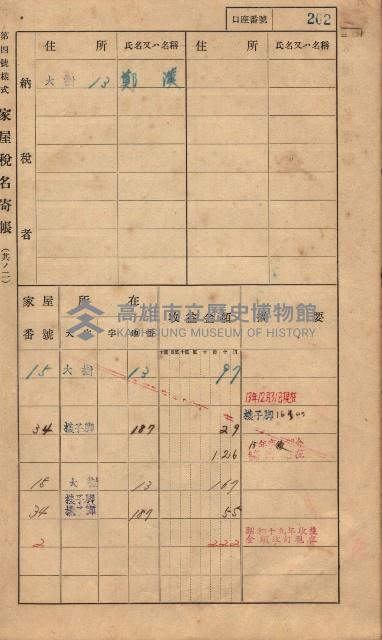 高雄州鳳山郡大樹庄大樹家屋稅名寄帳
（一冊之內第一號）藏品圖，第213張