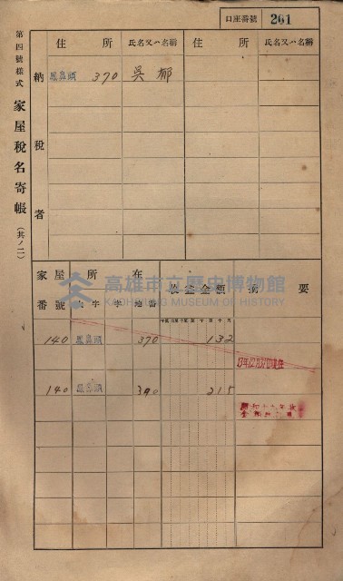 高雄州鳳山郡小港庄鳳鼻頭家屋稅名寄帳
（一冊之內第一號）藏品圖，第213張
