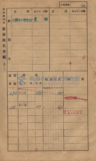 高雄州鳳山郡大樹庄小坪頂家屋稅名寄帳
（三冊之內第一號）藏品圖，第113張