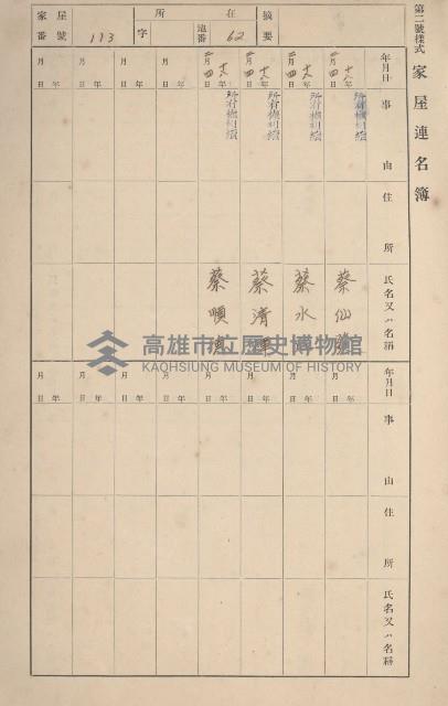 鳳山郡鳥松庄田草埔家屋臺帳
（二冊之內第一號）藏品圖，第113張