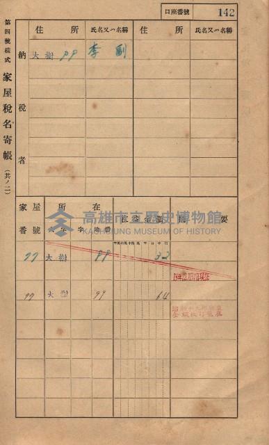 高雄州鳳山郡大樹庄大樹家屋稅名寄帳
（一冊之內第一號）藏品圖，第153張