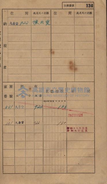 高雄州鳳山郡大樹庄九曲堂家屋稅名寄帳
（二冊之內第一號）藏品圖，第153張