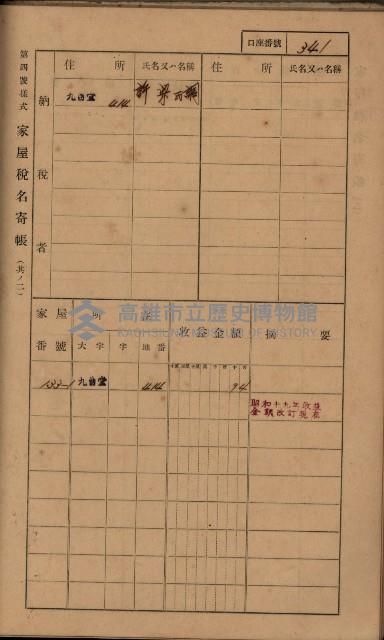 高雄州鳳山郡大樹庄九曲堂家屋稅名寄帳
（二冊之內第二號）藏品圖，第143張