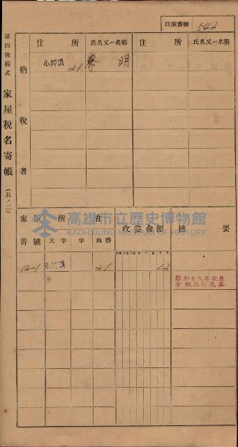 高雄州鳳山郡大樹庄小坪頂家屋稅名寄帳
（三冊之內第三號）藏品圖，第143張