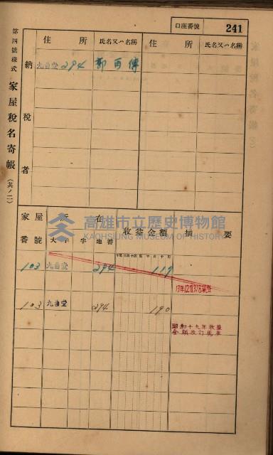 高雄州鳳山郡大樹庄九曲堂家屋稅名寄帳
（二冊之內第二號）藏品圖，第43張