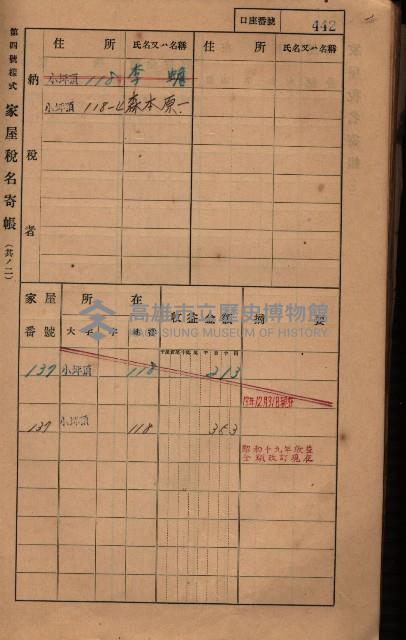 高雄州鳳山郡大樹庄小坪頂家屋稅名寄帳
（三冊之內第三號）藏品圖，第43張