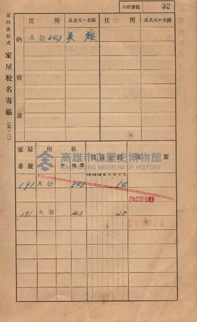 高雄州鳳山郡大樹庄大樹家屋稅名寄帳
（一冊之內第一號）藏品圖，第43張