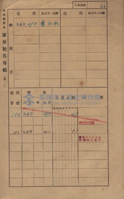 高雄州鳳山郡大樹庄九曲堂家屋稅名寄帳
（二冊之內第一號）藏品圖，第43張