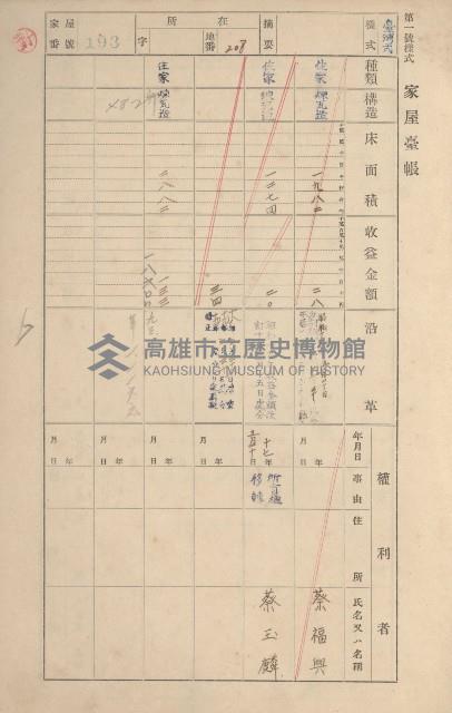 鳳山郡鳥松庄田草埔家屋臺帳
（二冊之內第一號）藏品圖，第193張