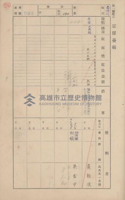 鳳山郡鳥松庄田草埔家屋臺帳
（二冊之內第二號）藏品圖，第93張