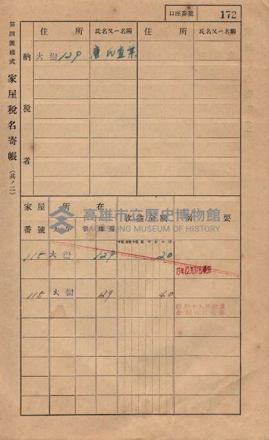 高雄州鳳山郡大樹庄大樹家屋稅名寄帳
（一冊之內第一號）藏品圖，第183張
