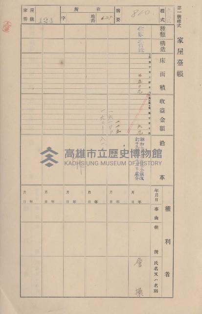 鳳山郡仁武庄三奶壇家屋臺帳
（四冊之內第三號）藏品圖，第133張