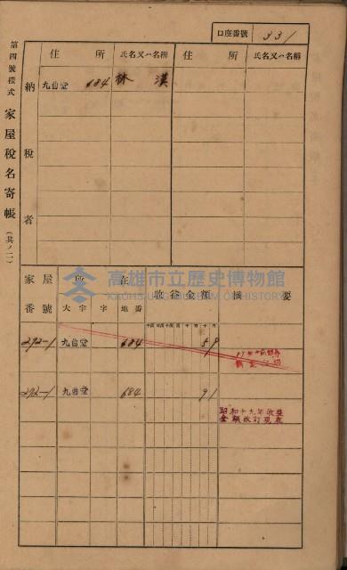 高雄州鳳山郡大樹庄九曲堂家屋稅名寄帳
（二冊之內第二號）藏品圖，第133張