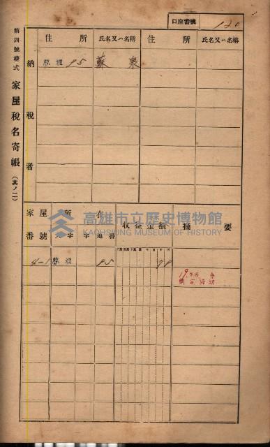高雄州鳳山郡鳥松庄夢裡、崎子脚、十九灣家屋稅名寄帳
（一冊之內第一號）藏品圖，第133張