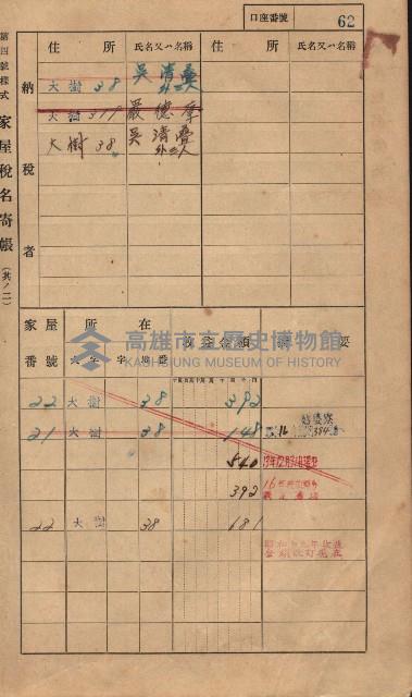 高雄州鳳山郡大樹庄大樹家屋稅名寄帳
（一冊之內第一號）藏品圖，第73張