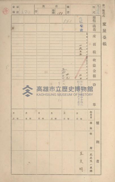鳳山郡鳥松庄田草埔家屋臺帳
（二冊之內第一號）藏品圖，第168張