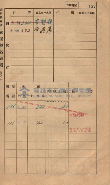 高雄州鳳山郡大樹庄大樹家屋稅名寄帳
（一冊之內第一號）藏品圖，第168張