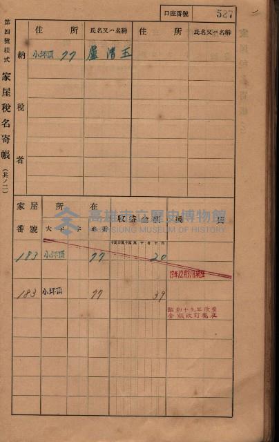 高雄州鳳山郡大樹庄小坪頂家屋稅名寄帳
（三冊之內第三號）藏品圖，第128張