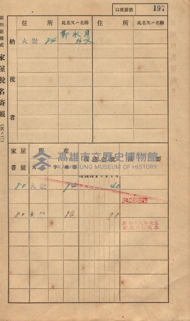 高雄州鳳山郡大樹庄大樹家屋稅名寄帳
（一冊之內第一號）藏品圖，第208張