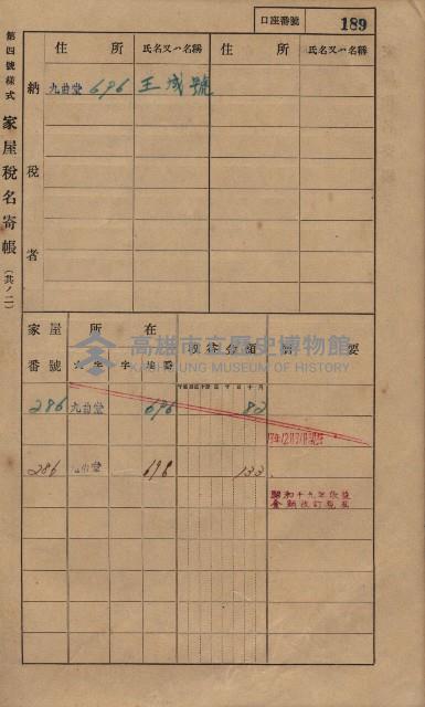 高雄州鳳山郡大樹庄九曲堂家屋稅名寄帳
（二冊之內第一號）藏品圖，第208張