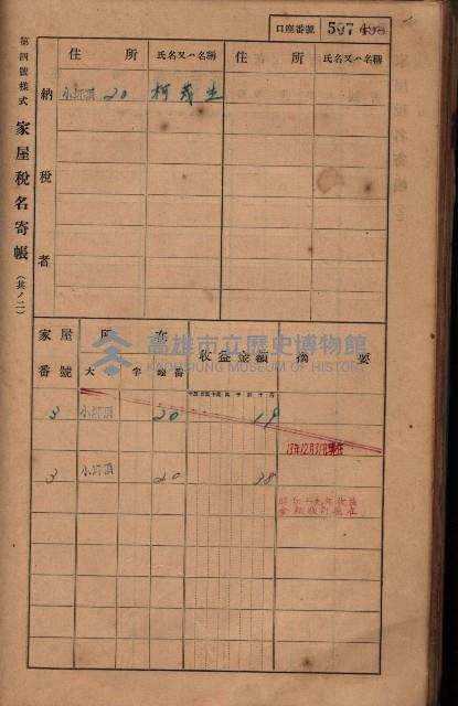 高雄州鳳山郡大樹庄小坪頂家屋稅名寄帳
（三冊之內第三號）藏品圖，第108張