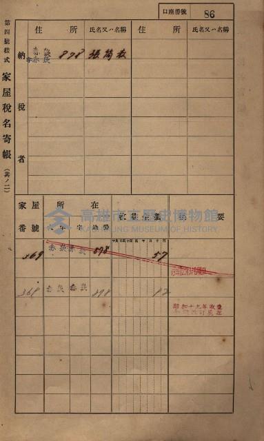 高雄州鳳山郡大寮庄赤崁家屋稅名寄帳
（三冊之內第一號）藏品圖，第108張