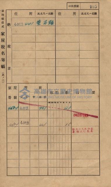 高雄州鳳山郡大樹庄小坪頂家屋稅名寄帳
（三冊之內第一號）藏品圖，第218張