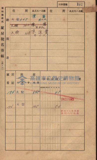 高雄州鳳山郡大樹庄大樹家屋稅名寄帳
（一冊之內第一號）藏品圖，第118張