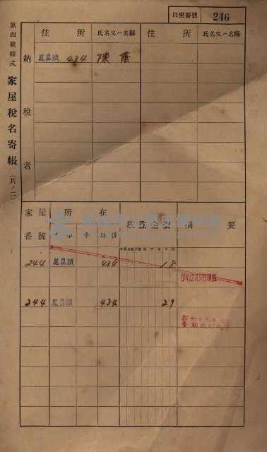 高雄州鳳山郡小港庄鳳鼻頭家屋稅名寄帳
（一冊之內第一號）藏品圖，第258張