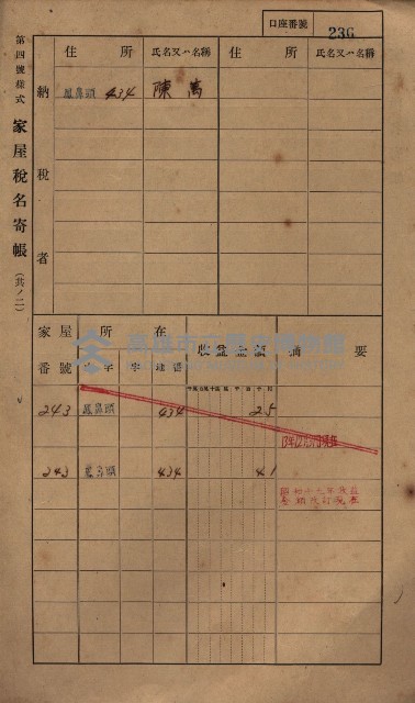 高雄州鳳山郡小港庄鳳鼻頭家屋稅名寄帳
（一冊之內第一號）藏品圖，第248張