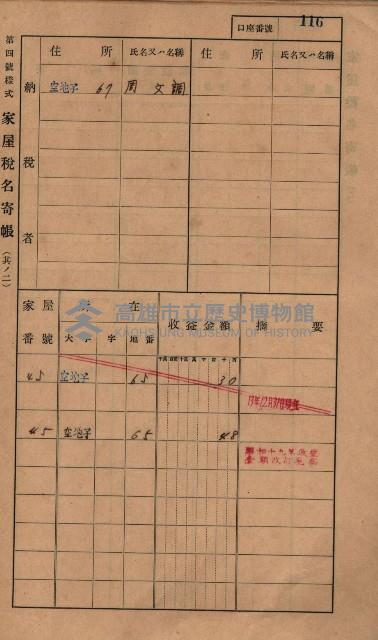 高雄州鳳山郡小港庄塩水港、中大厝、空地子
家屋稅名寄帳（一冊之內第一號）藏品圖，第148張