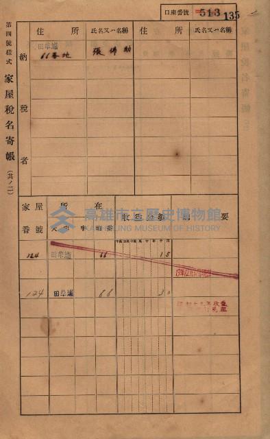 高雄州鳳山郡鳥松庄田草埔家屋稅名寄帳藏品圖，第148張