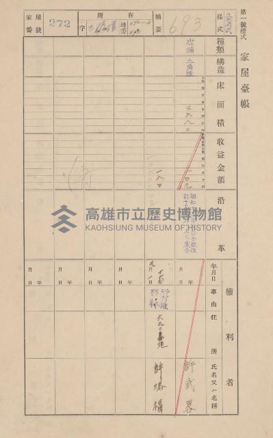 鳳山郡仁武庄翠屏村二之二家屋臺帳
（四冊之內第四號）藏品圖，第198張