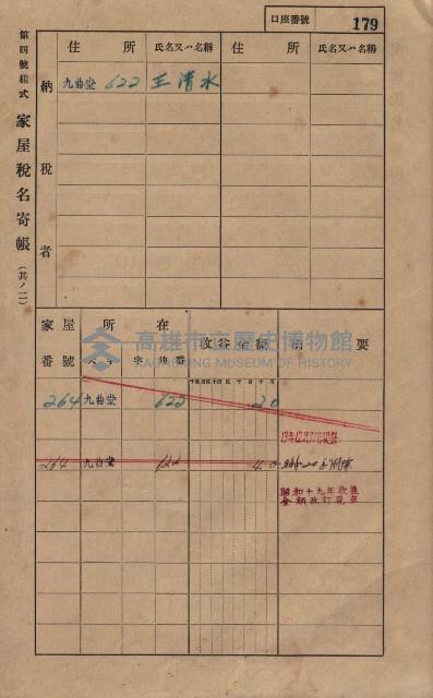 高雄州鳳山郡大樹庄九曲堂家屋稅名寄帳
（二冊之內第一號）藏品圖，第198張