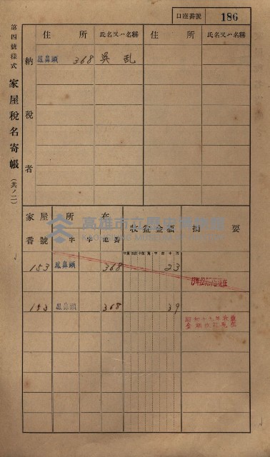 高雄州鳳山郡小港庄鳳鼻頭家屋稅名寄帳
（一冊之內第一號）藏品圖，第198張