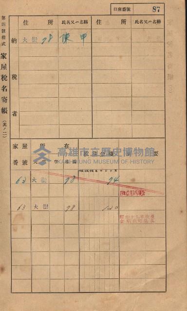 高雄州鳳山郡大樹庄大樹家屋稅名寄帳
（一冊之內第一號）藏品圖，第98張