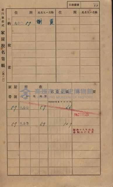 高雄州鳳山郡大樹庄九曲堂家屋稅名寄帳
（二冊之內第一號）藏品圖，第98張