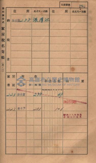 高雄州鳳山郡大樹庄無水寮家屋稅名寄帳
（二冊之內第二號）藏品圖，第88張